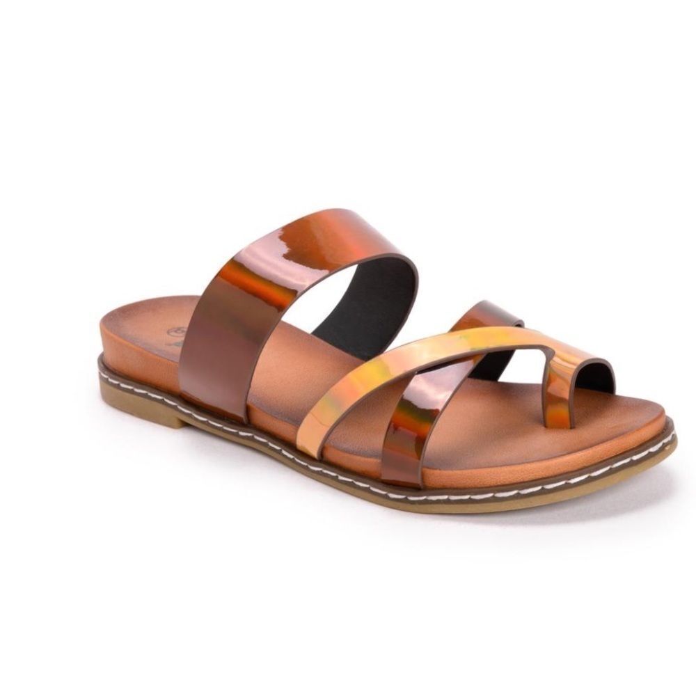 Metallic Brown Bronze Open Toe Loop Slip On Sandals NEW